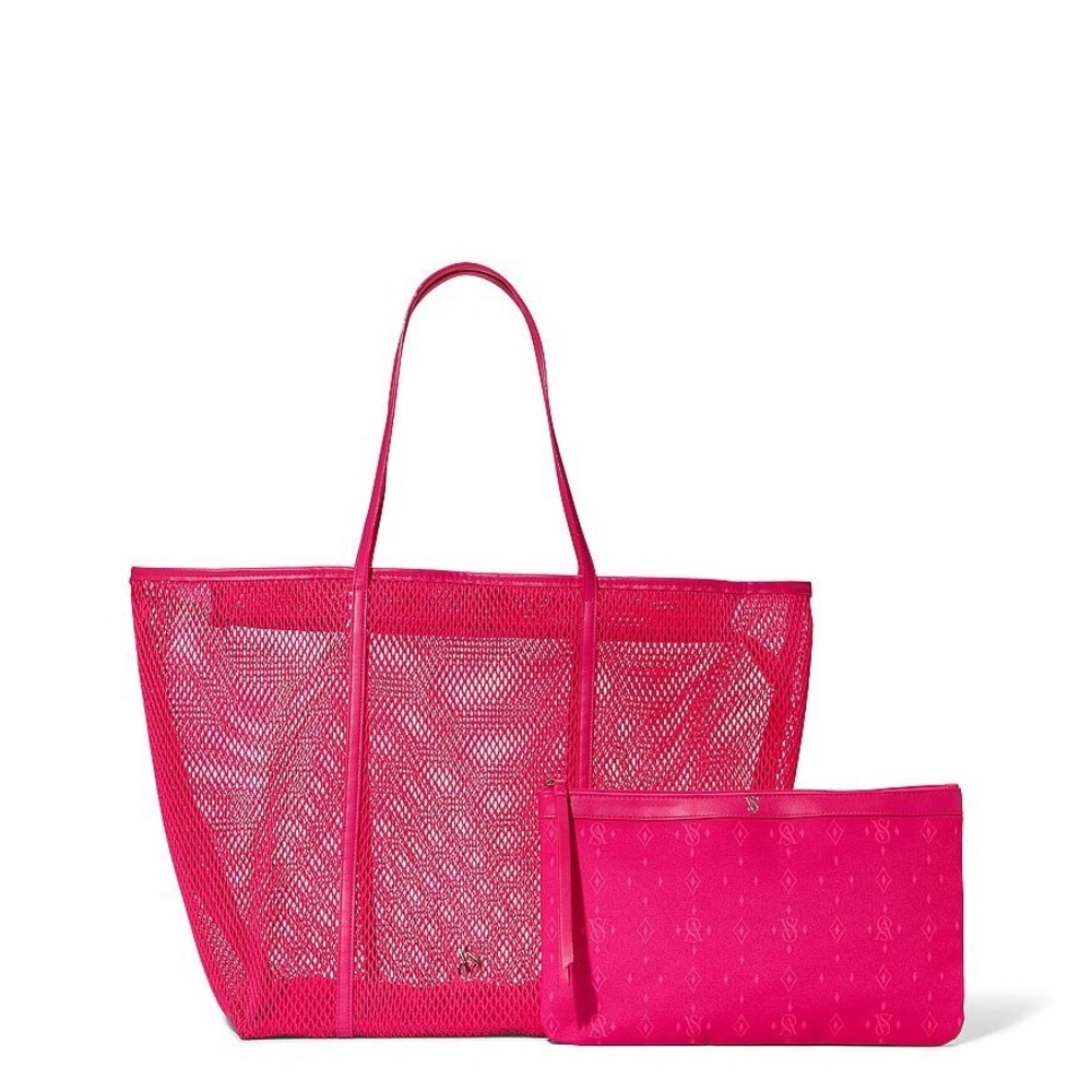 Victoria Secret Bright Pink Mesh Tote with Matching Zip Pouch
